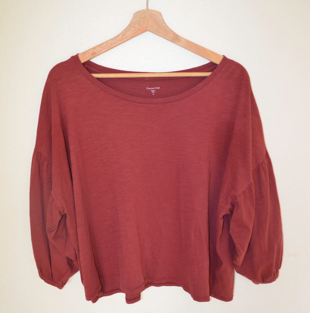 Garnet Hill Organic Pima Cotton Boxy Cut Top Cropped Balloon Sleeve Medium